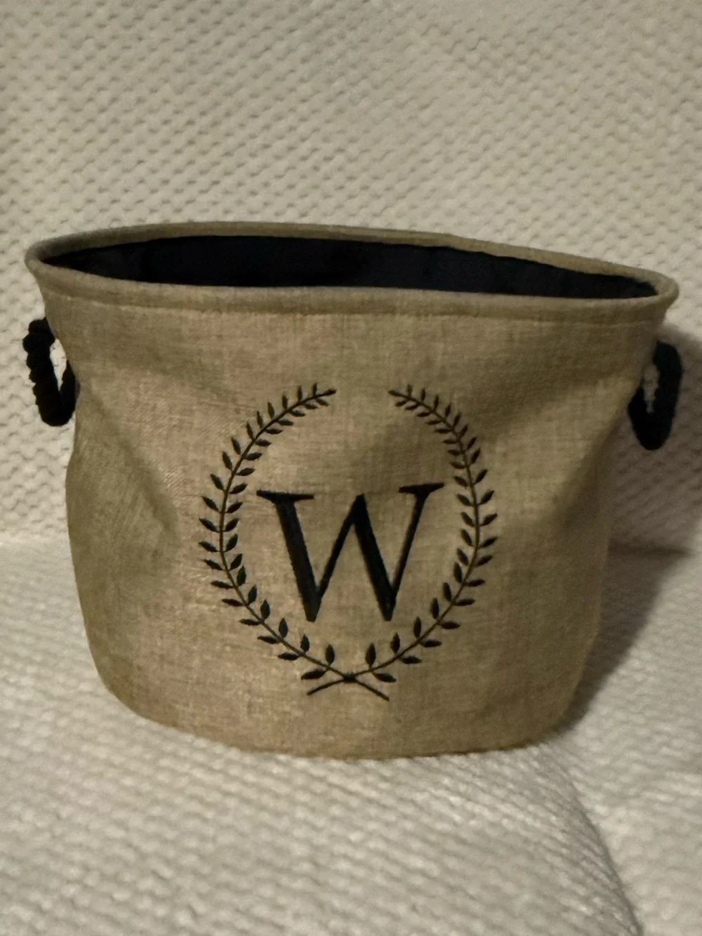 Monogrammed 'W' Burlap Storage Basket - Natural with Black Accents